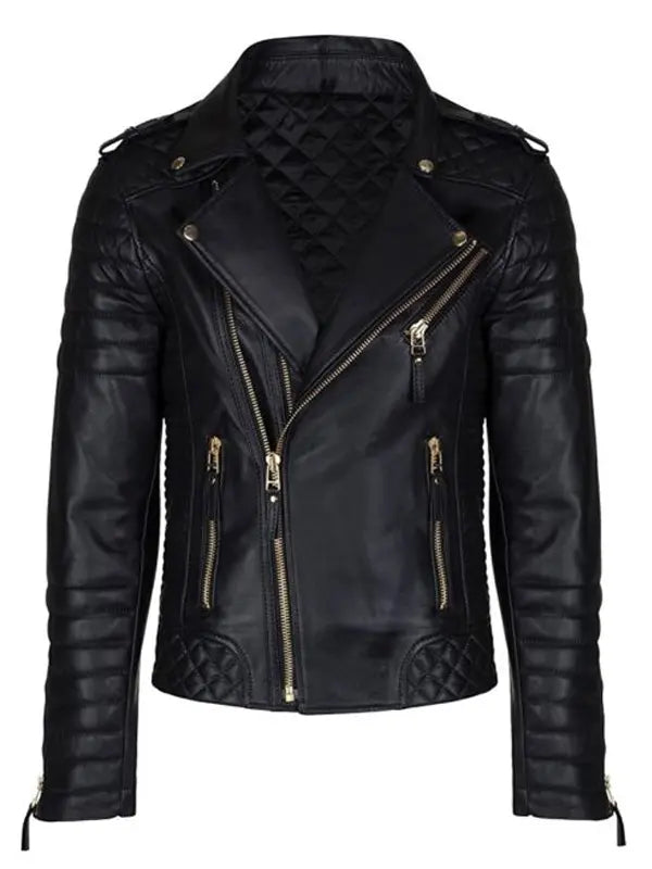Padded Black Leather Moto Biker Jacket for Men