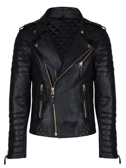 Padded Black Leather Moto Biker Jacket for Men
