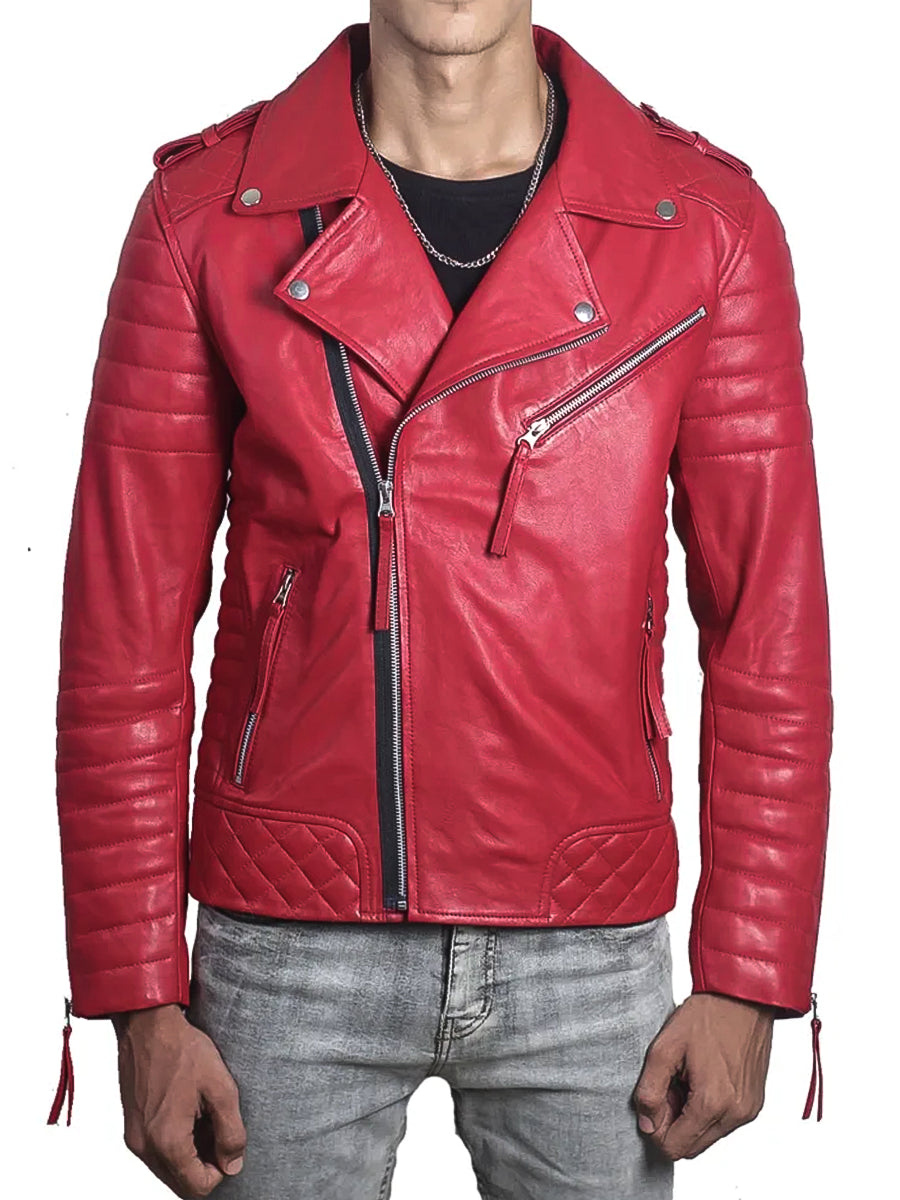 Padded Sleeve Red Biker Leather Jacket For Mens