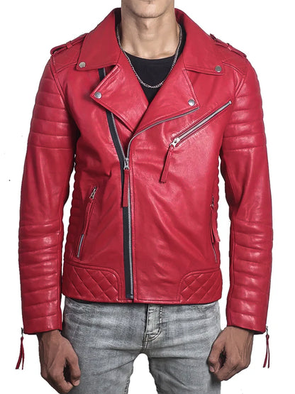 Padded Sleeve Red Biker Leather Jacket For Mens