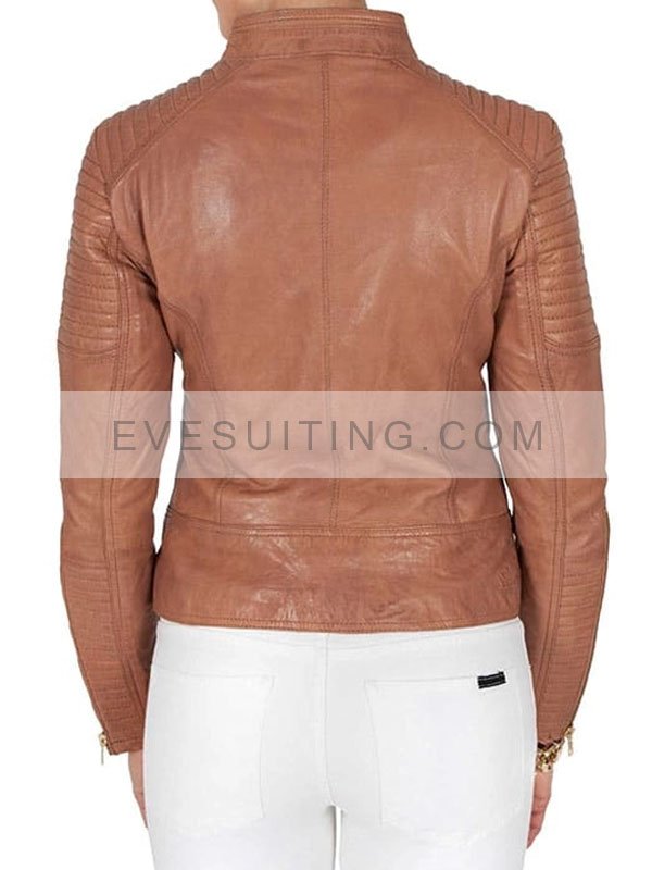 Padded Tan Brown Leather Biker Motorcycle Jacket