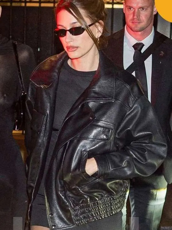 Paris Fashion Week 2025 Hailey Bieber Black Leather Jacket