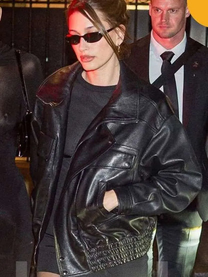 Paris Fashion Week 2025 Hailey Bieber Black Leather Jacket