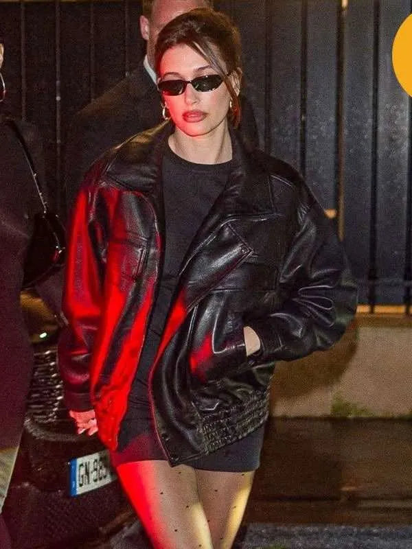 Paris Fashion Week 2025 Hailey Bieber Leather Jacket