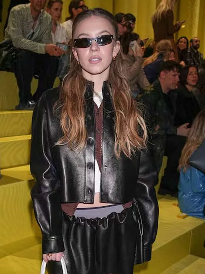 Paris Fashion Week 2025 Sydney Sweeney Leather Cropped Jacket