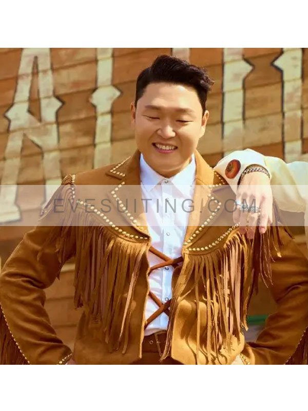 Park Jae-sang Song That That PSY Fringe Brown Leather Jacket