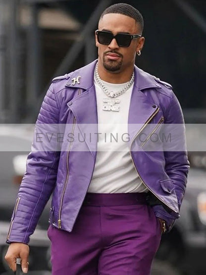 Biker Style Jalen Hurts Purple Leather Jacket