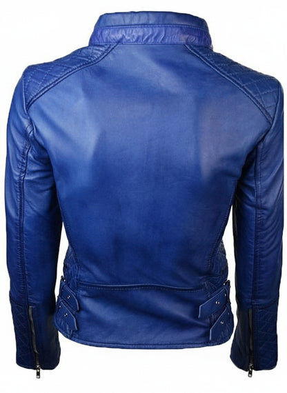 Quilted Blue Leather Biker Jacket