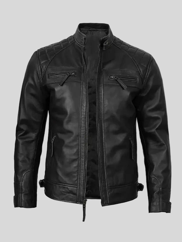 Quilted Diamond Black Cafe Racer Leather Jacket
