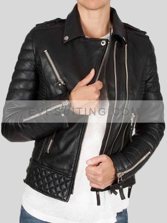 Quilted Leather Biker Jacket Black For Women's