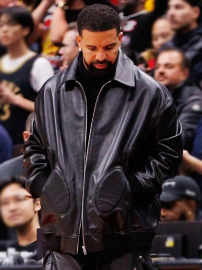 Raptors VS Warriors NBA Game 2025 Drake Black Leather Jacket