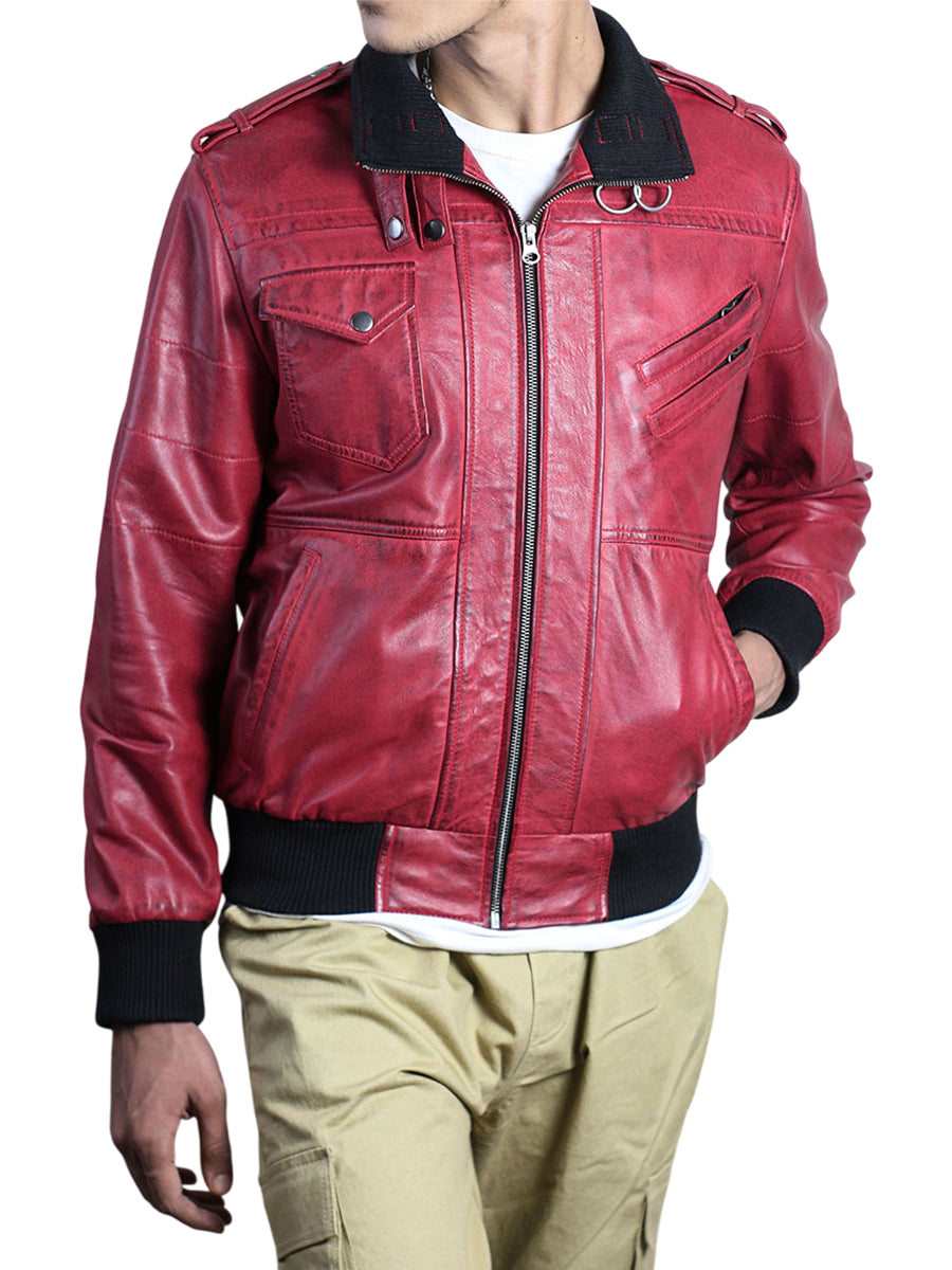 Red Hooded Bomber Leather Jacket For Men