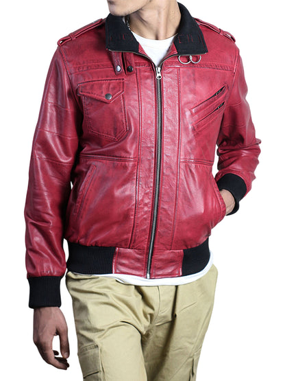 Red Hooded Bomber Leather Jacket For Men
