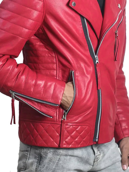 Red Moto Leather Jacket For Mens