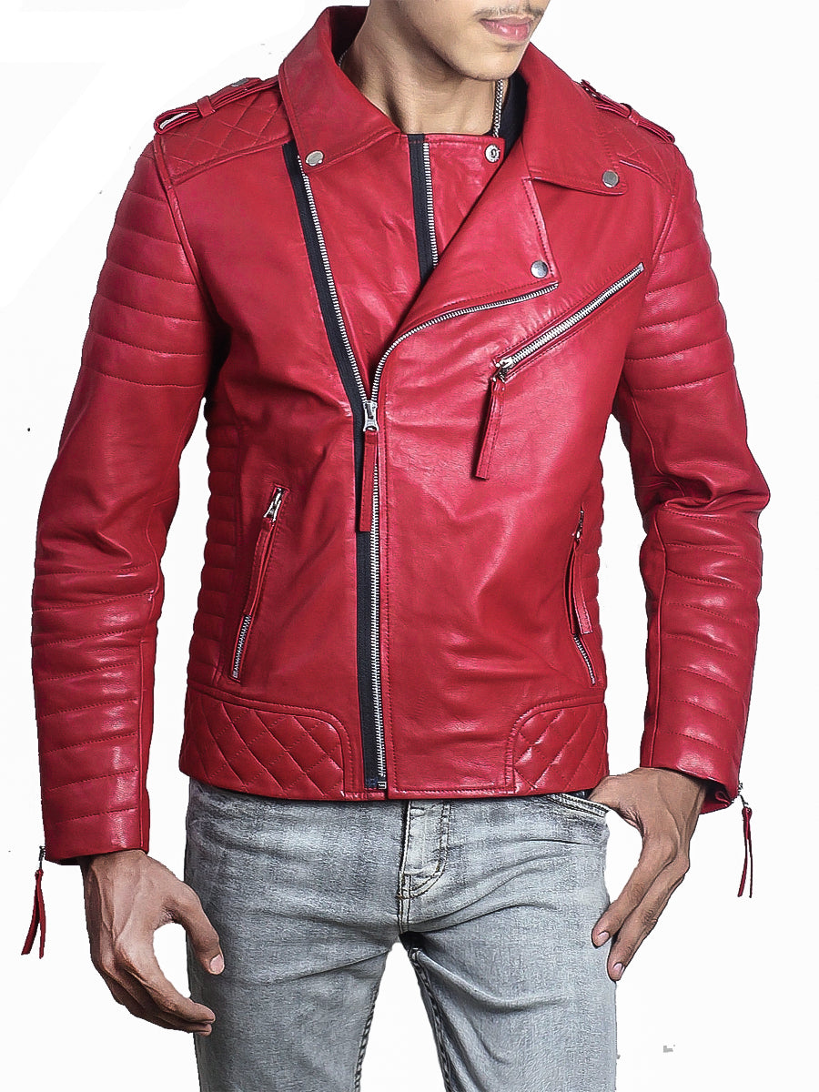 Red Padded Leather Biker Jacket