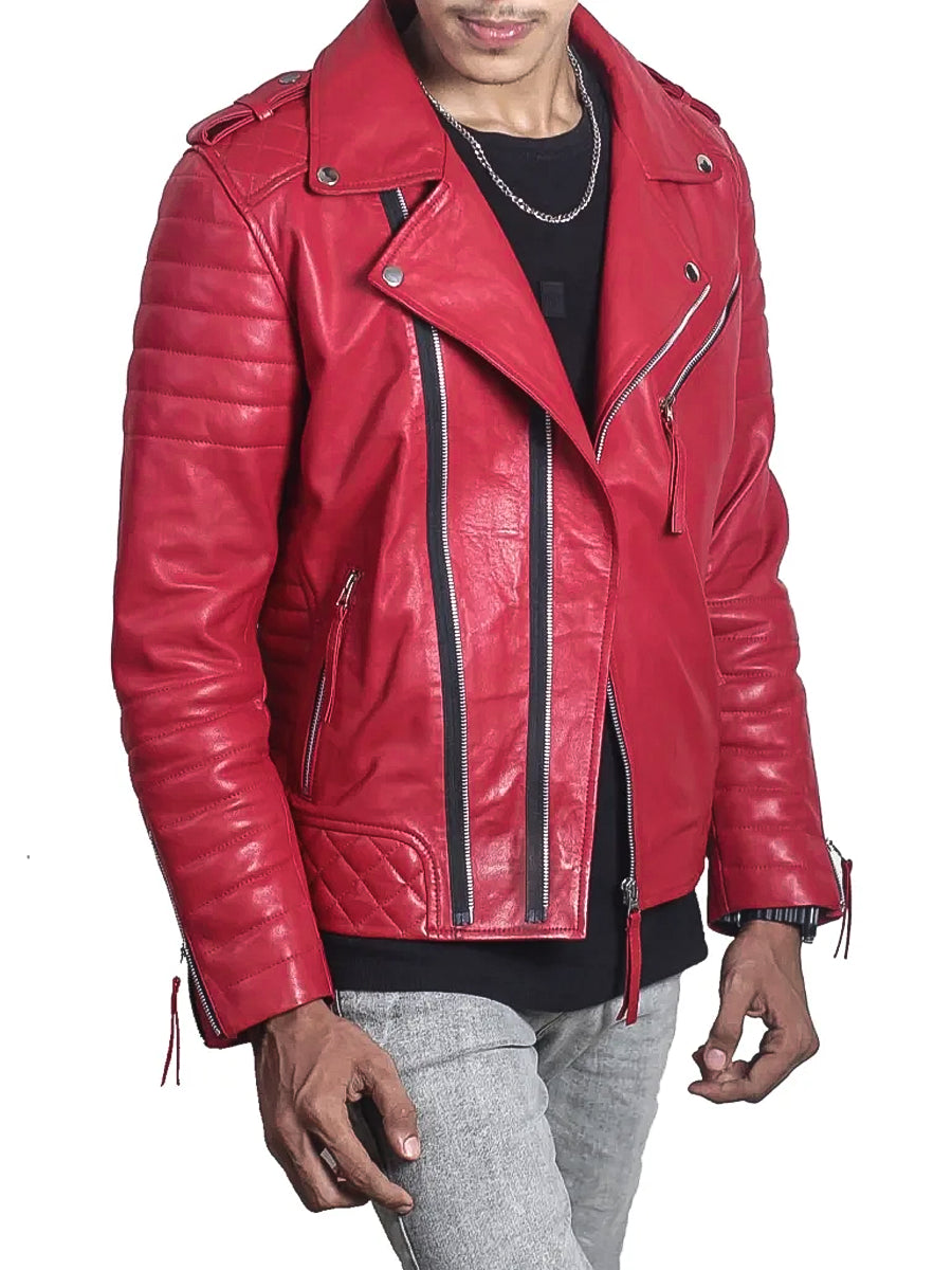 Red Padded Leather Motorcycle Jacket for Men