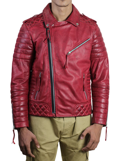 Red Waxed Leather Biker Jacket For Men