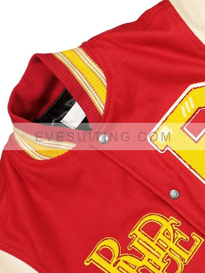 Red and White Rhude Bull Market Bomber Varsity Jacket