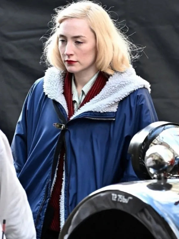 Rita Movie Blitz 2024 Saoirse Ronan Blue Hooded Shearling Jacket