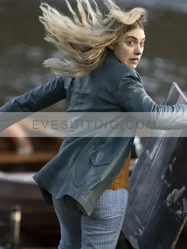 Imogen Poots Movie Roses War 2024 Rose Dugdale Green Leather Coat