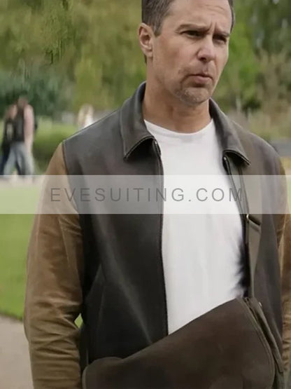 Sam Rockwell Argylle 2024 Aidan Wilde Brown Leather With Corduroy Sleeves Jacket