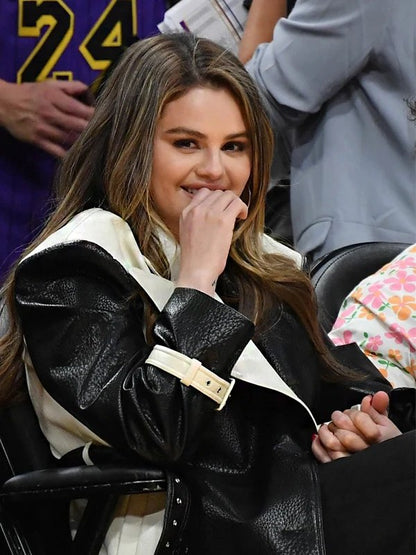 Selena Gomez Black And White Long Coat