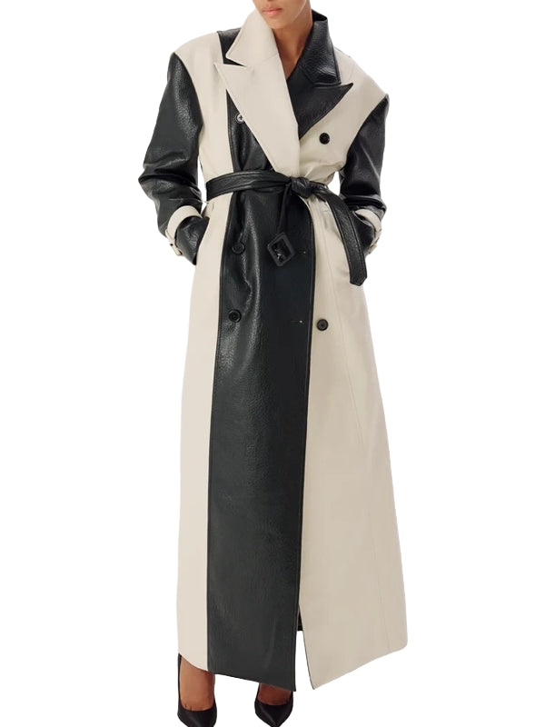 Selena Gomez Black And White Long Leather Coat