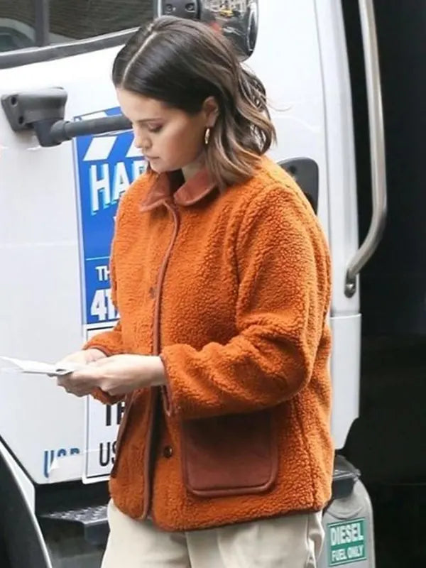 Selena Gomez Only Murders In the Building S02 Mabel Mora Orange Shearling Jacket