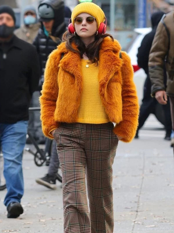 Selena Gomez Orange Fur Jacket