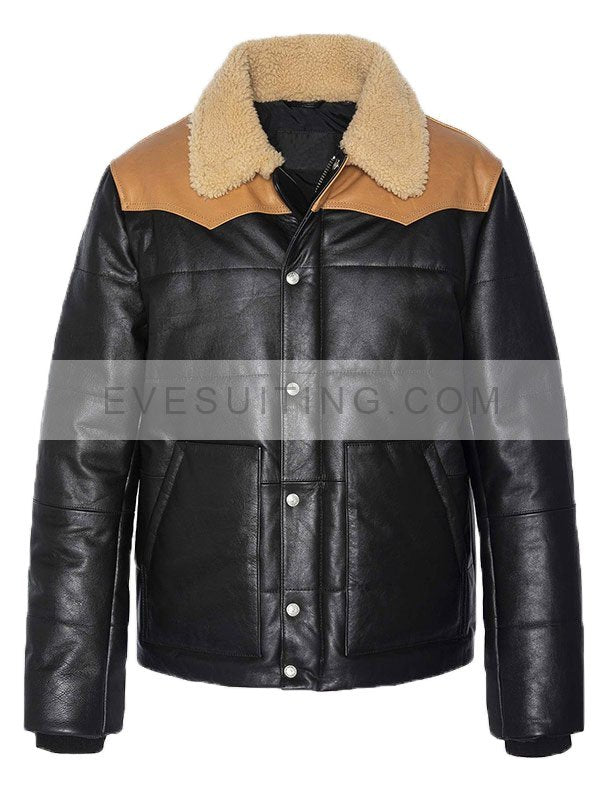 Shearling Collar Leather Puffer Jacket