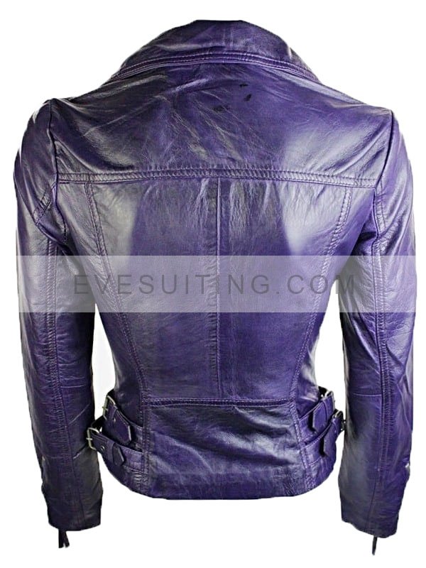 Short Fitted Purple Leather Biker Jacket For Women's