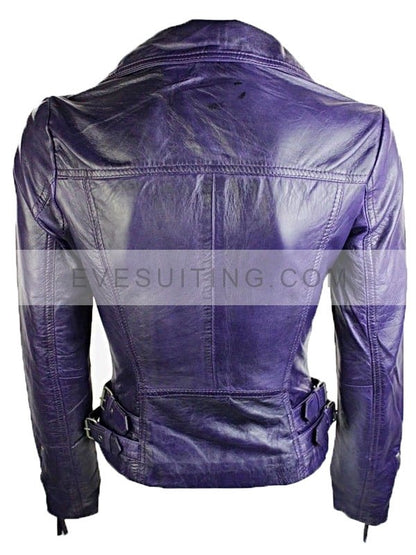 Short Fitted Purple Leather Biker Jacket For Women's