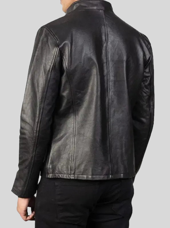 Simple Black Cafe Racer Cowhide Leather Jacket
