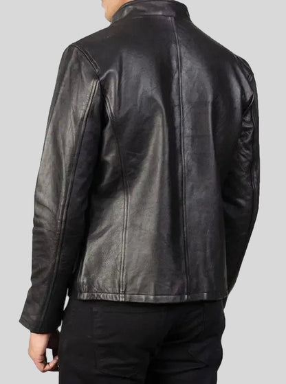Simple Black Cafe Racer Cowhide Leather Jacket
