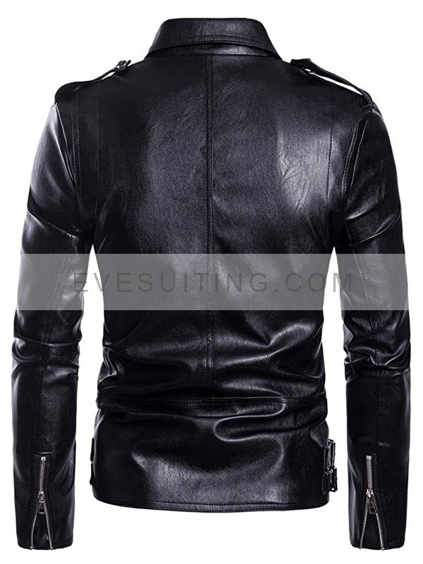 Slim Fit Black Biker Motorcycle Leather Jacket For Men