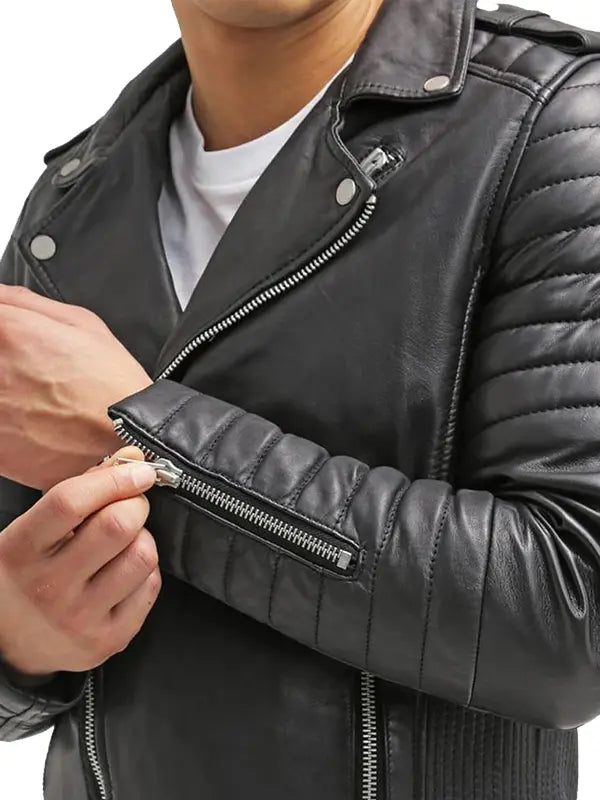Slim Fit Black Leather Padded Motorcycle Biker Jacket