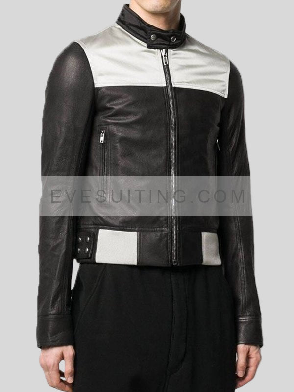 Slim Fit Black & Grey Biker Leather Jacket For Men's
