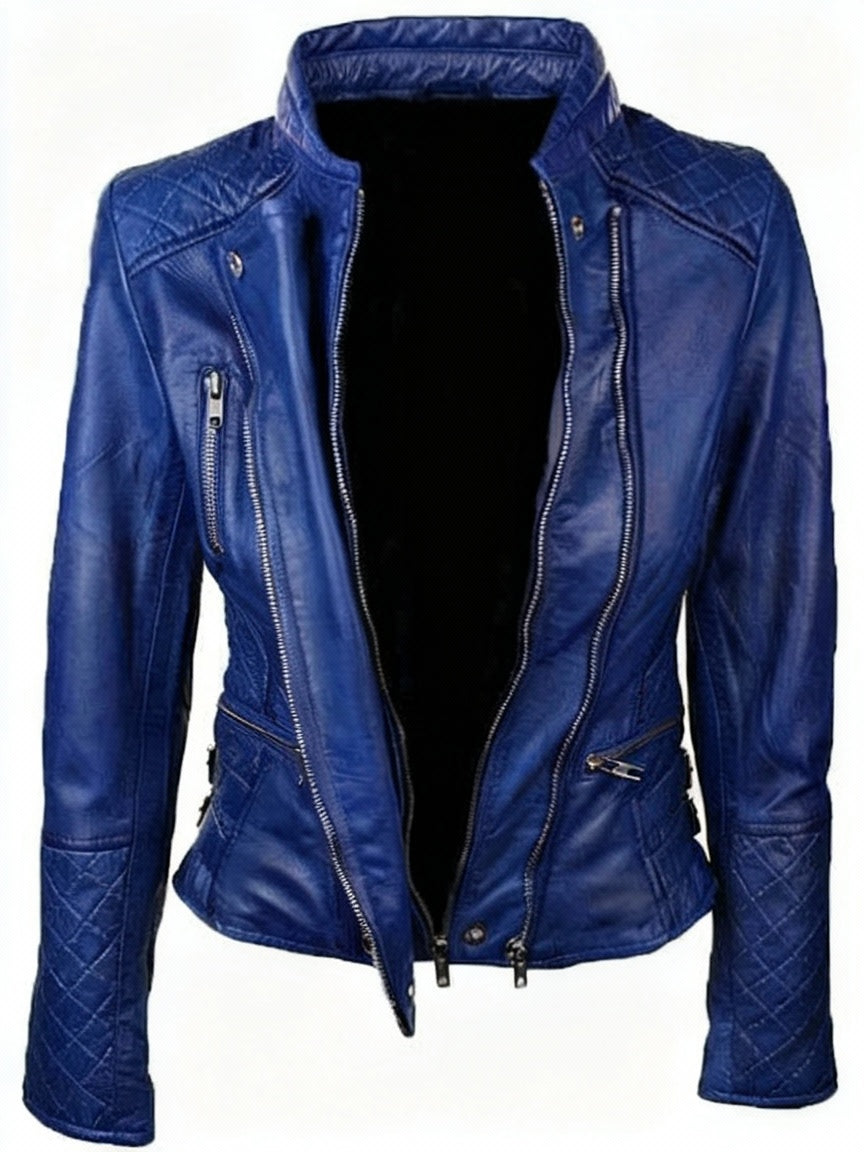 Slim Fit Diamond Quilted Blue Leather Biker Jacket
