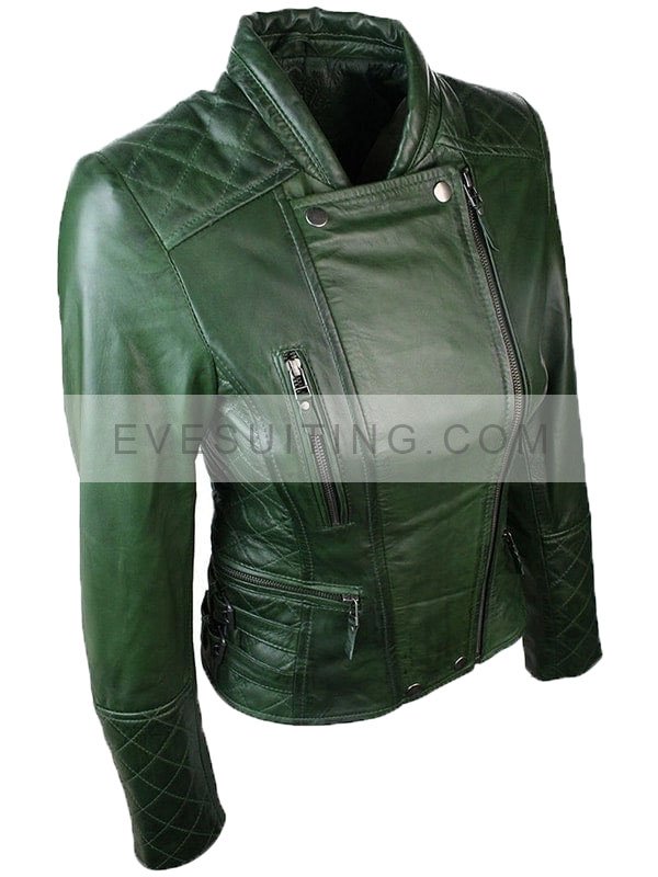Slim Fit Green Leather Biker Jacket For Women's