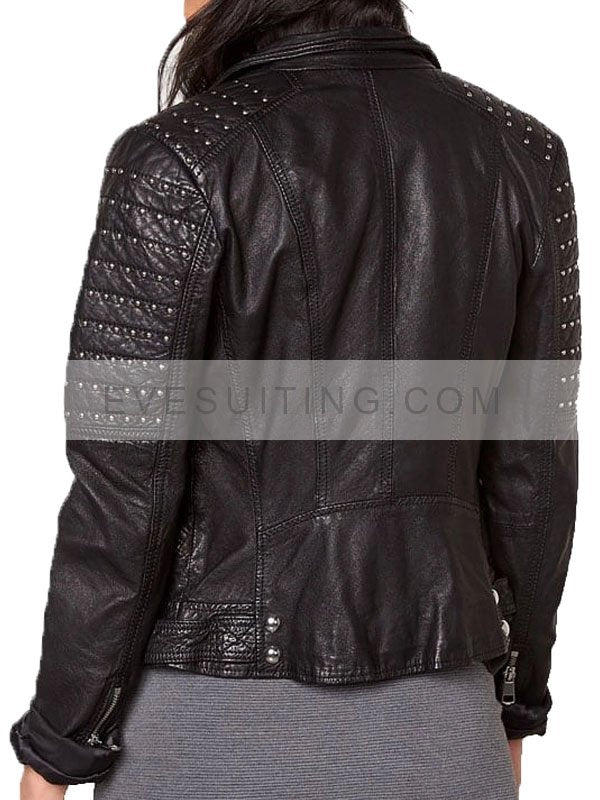 Slim Fit Studded Black Leather Jacket For Women's