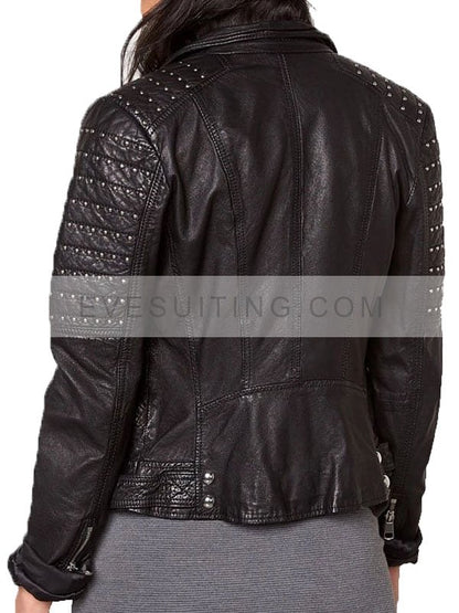 Slim Fit Studded Black Leather Jacket For Women's