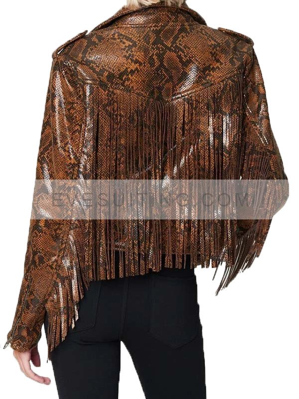 Snake Skin Fringe Brown Leather Jacket