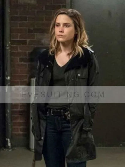 Sophia Bush TV Series Chicago P.D. Erin Lindsay Black Coat with Shearling Collar