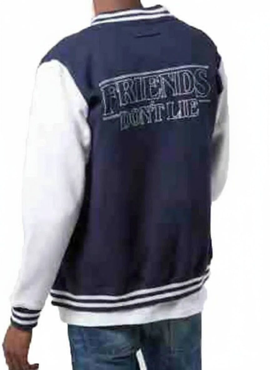 Stranger Things Friends Don’t Lie Blue and White Varsity Jacket