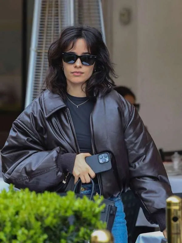 Street Style Camila Cabello 2025 Oversized Bomber Leather Jacket
