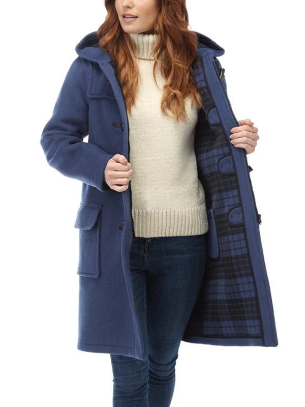 Stylish Royal Blue Wool Hooded Duffel Coat 