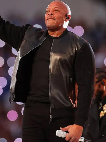 Super Bowl Dr Dre Black Bomber Leather Jacket