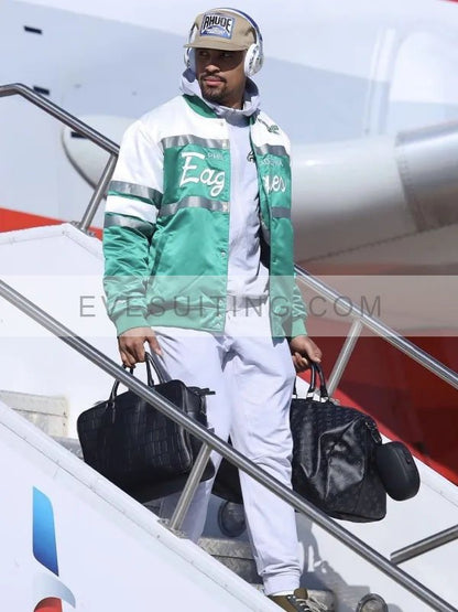 Super Bowl LVII Philadelphia Eagles Jalen Hurts Green And White Satin Jacket