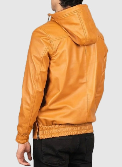 Tan Brown Leather Hooded Half Zipper Jacket For Men's