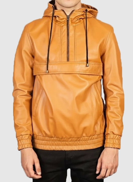 Men's Tan Brown Hooded Leather Jacket